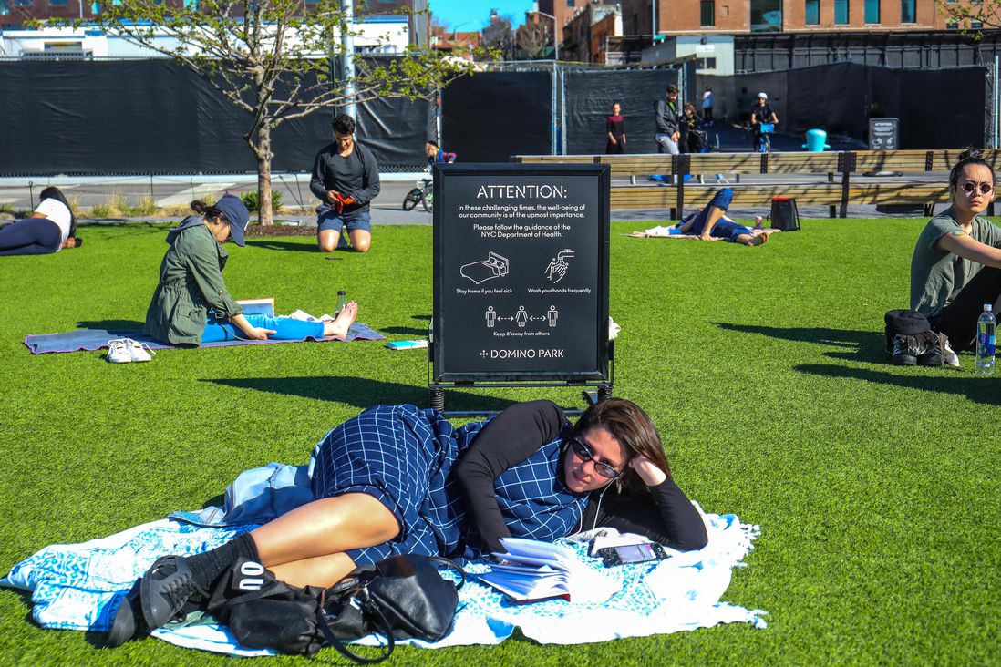 A park in Williamsburg during the COVID-19 pandemic showing locals not obeying social distancing
